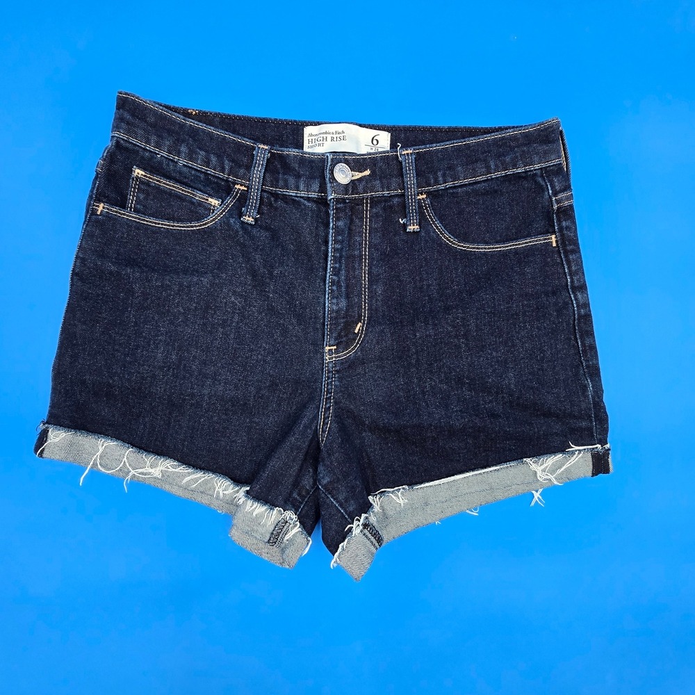 Abercrombie & Fitch‎ Womens High Rise 10.5" Denim Shorts 28 6 Dark Wash Raw Hem
